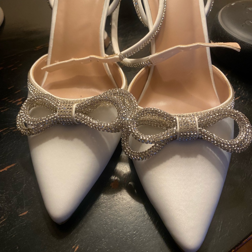 White Satin Heels with Rhinestone Bow, wedding